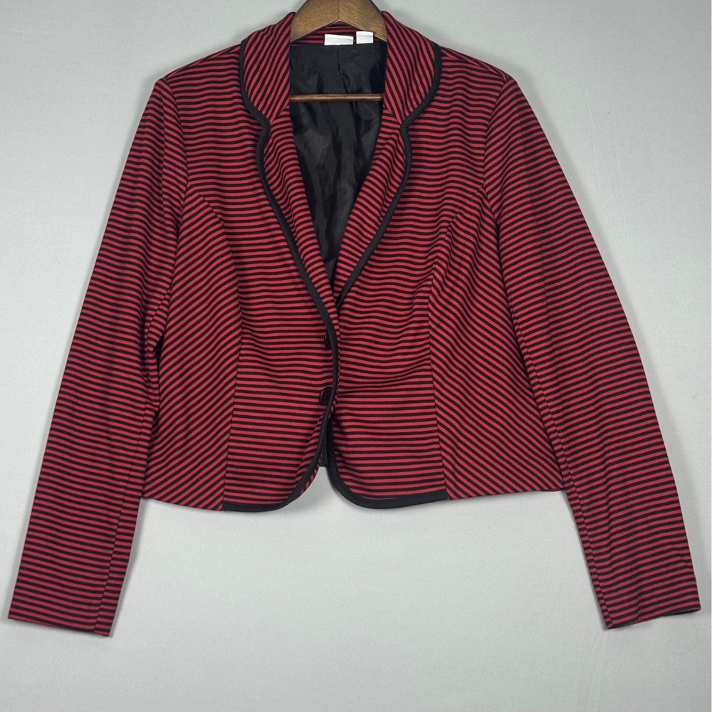 Cato Cropped Blazer Women XL Red Black Striped NWOT Shoulder Pads Piping Trim